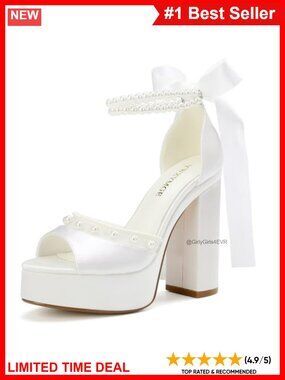 Platform Heels Wedding Shoes Open Toe Satin Pearl Bridal Heels